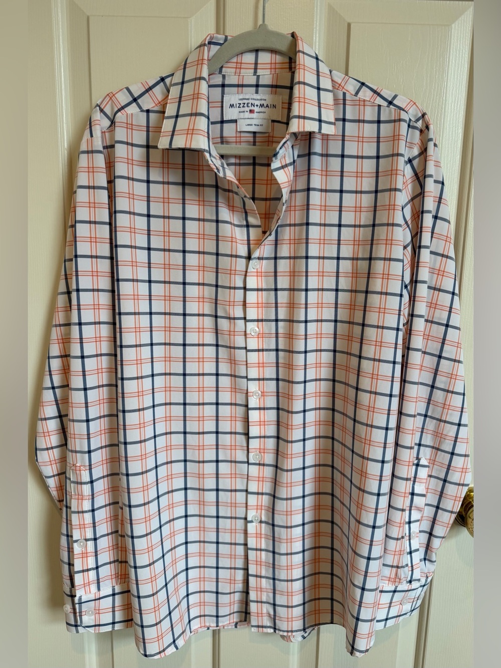 EUC Mizzen+Main Men's Leeward White Plaid Performance Dress Shirt Orange & Navy